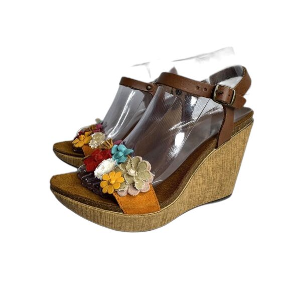 BioStep Floral Embellished detail cork Wedge heels leather size 8 boho chic girl - Picture 2 of 12
